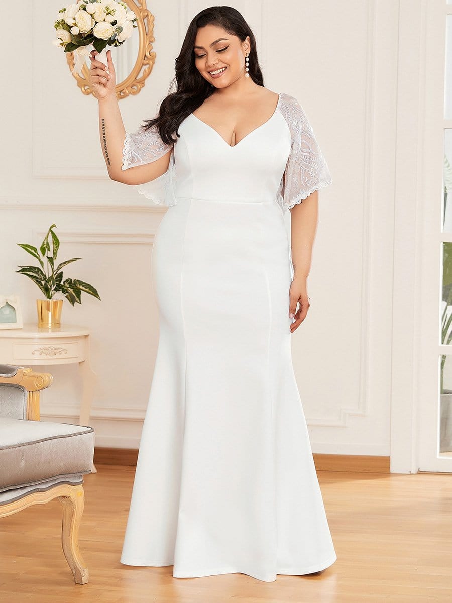 Color=Cream | Elegant Plus Size V Neck Fishtail Evening Dress For Women-Cream 5 Color=Cream | Elegant Plus Size V Neck Fishtail Evening Dress For Women-Cream 5
