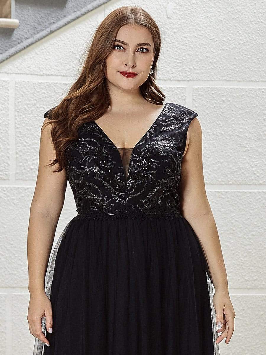 Color=Black | Women'S A-Line Deep V Neck Evening Dress With Sequin-Black 5 Color=Black | Women'S A-Line Deep V Neck Evening Dress With Sequin-Black 5