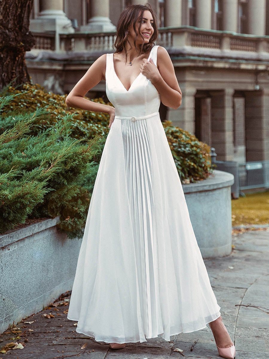Color=Cream | Simple V Neck Sleeveless Wedding Dress With Pleated Design-Cream 1 Color=Cream | Simple V Neck Sleeveless Wedding Dress With Pleated Design-Cream 1