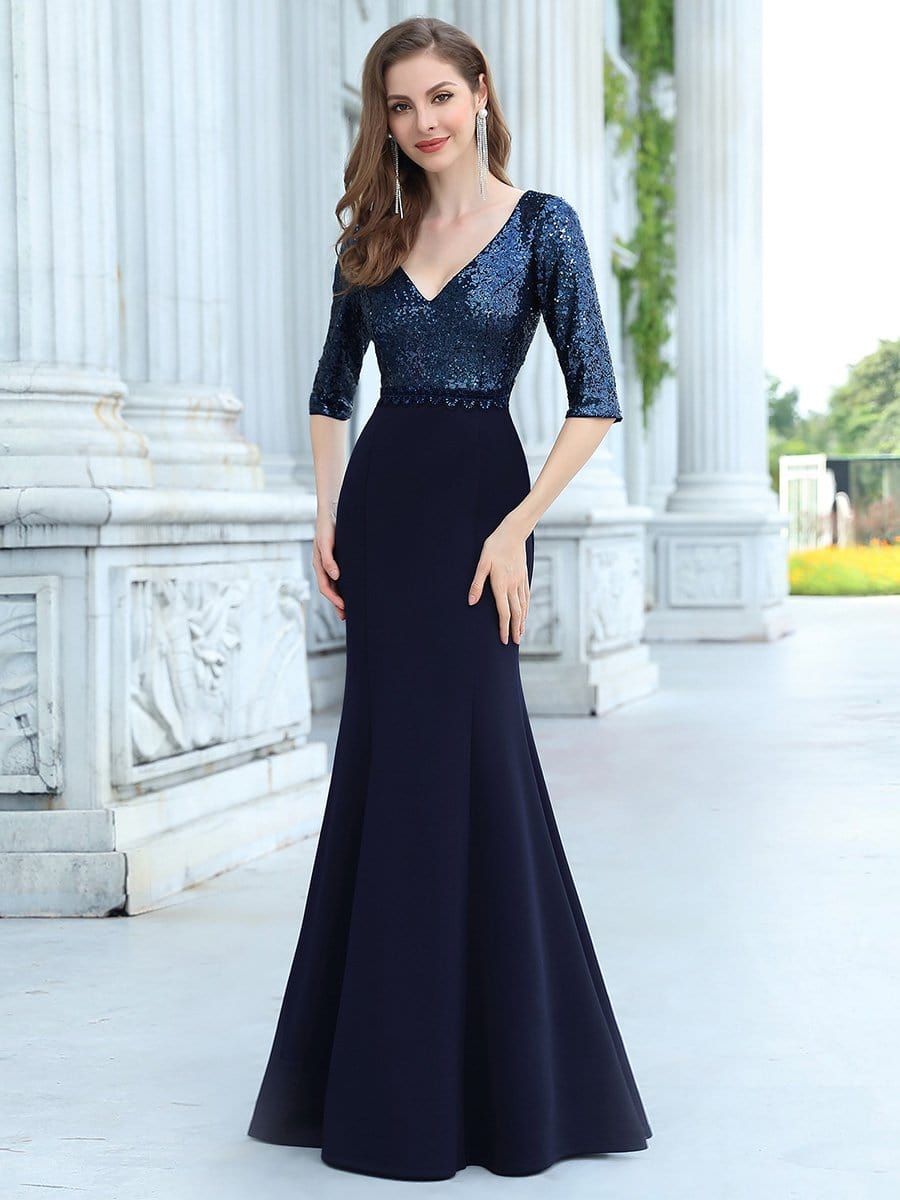Elegant Long Evening Dress  Half Sleeves Fishtail with Sequins