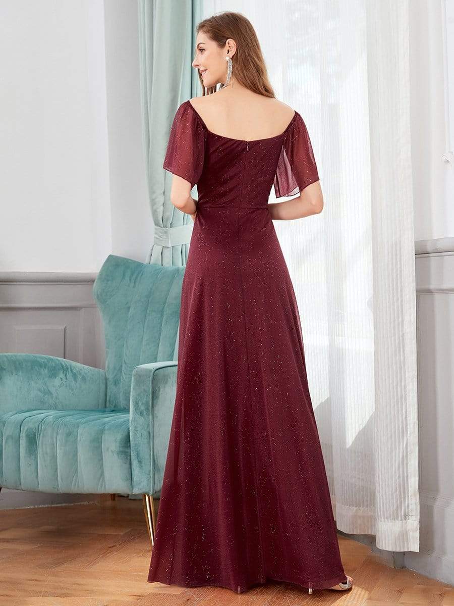 Color=Burgundy | Modest V-Neck Evening Dresses With Short Ruffles Sleeves-Burgundy 4 Color=Burgundy | Modest V-Neck Evening Dresses With Short Ruffles Sleeves-Burgundy 4