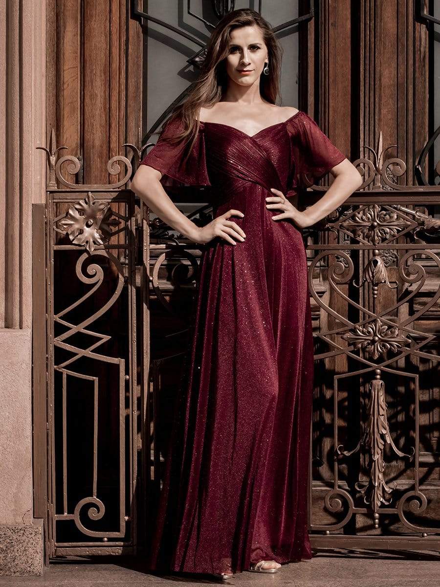 Color=Burgundy | Modest V-Neck Evening Dresses With Short Ruffles Sleeves-Burgundy 7 Color=Burgundy | Modest V-Neck Evening Dresses With Short Ruffles Sleeves-Burgundy 7