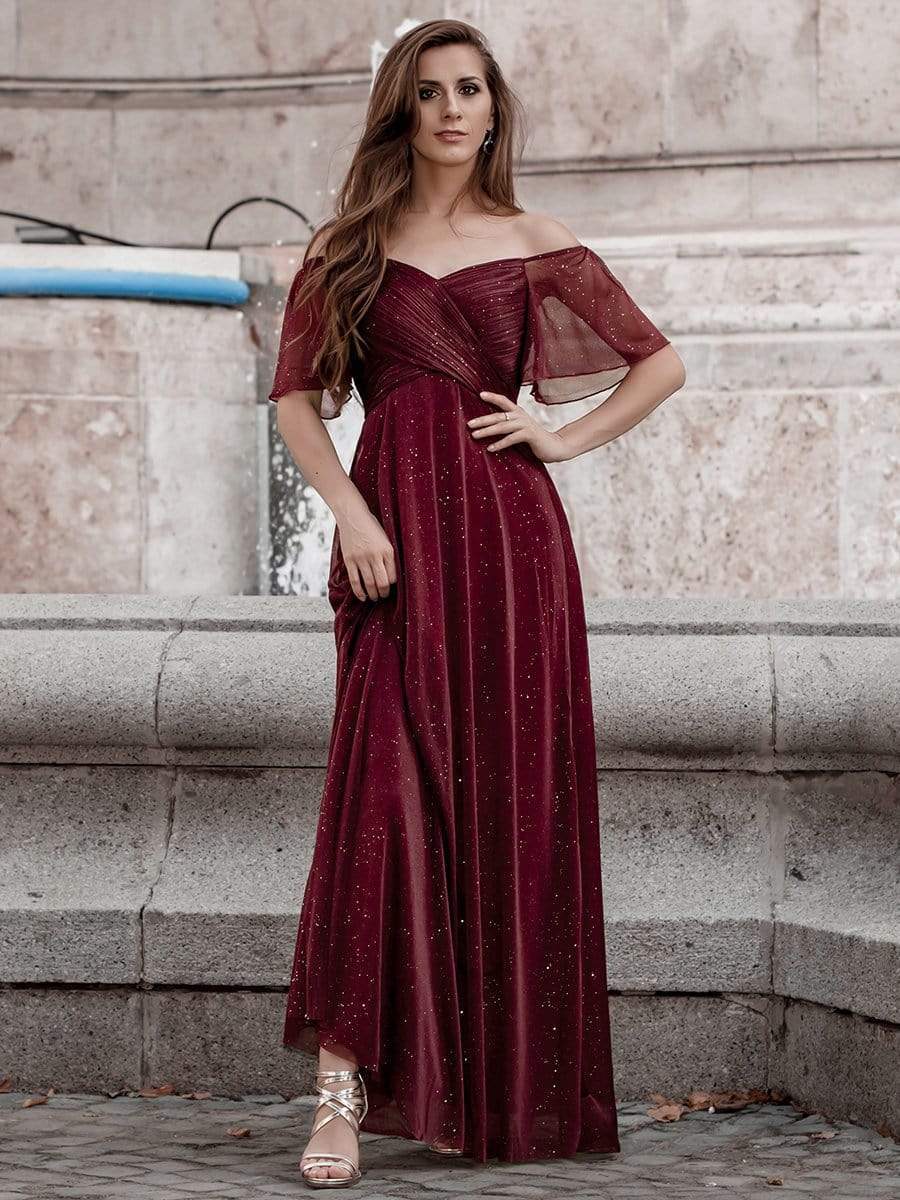 Color=Burgundy | Modest V-Neck Evening Dresses With Short Ruffles Sleeves-Burgundy 1 Color=Burgundy | Modest V-Neck Evening Dresses With Short Ruffles Sleeves-Burgundy 1