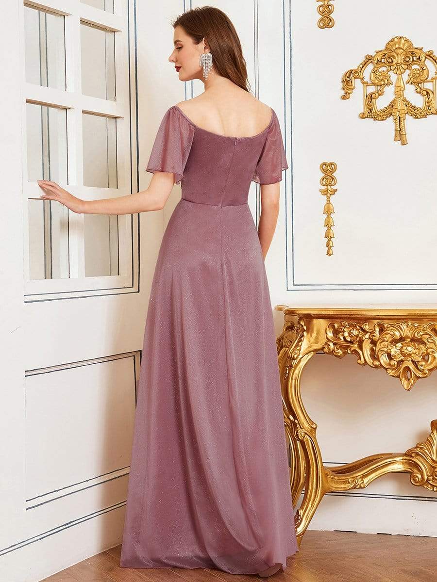 Color=Orchid | Modest V-Neck Evening Dresses With Short Ruffles Sleeves-Orchid 4 Color=Orchid | Modest V-Neck Evening Dresses With Short Ruffles Sleeves-Orchid 4