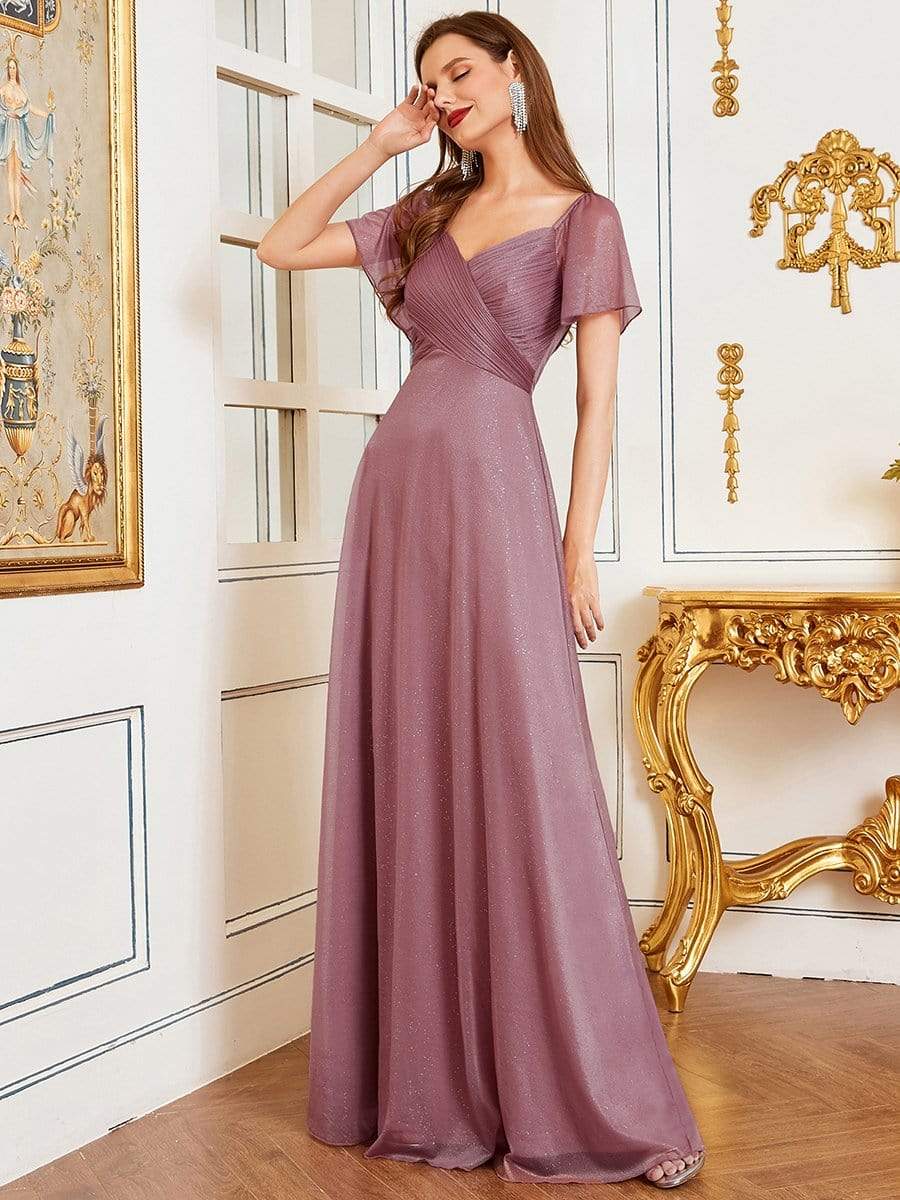 Color=Orchid | Modest V-Neck Evening Dresses With Short Ruffles Sleeves-Orchid 3 Color=Orchid | Modest V-Neck Evening Dresses With Short Ruffles Sleeves-Orchid 3