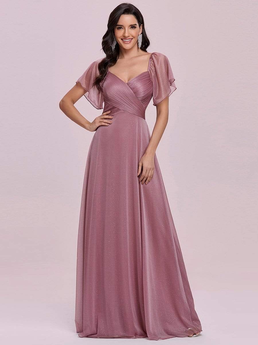 Color=Orchid | Modest V-Neck Evening Dresses With Short Ruffles Sleeves-Orchid 5 Color=Orchid | Modest V-Neck Evening Dresses With Short Ruffles Sleeves-Orchid 5