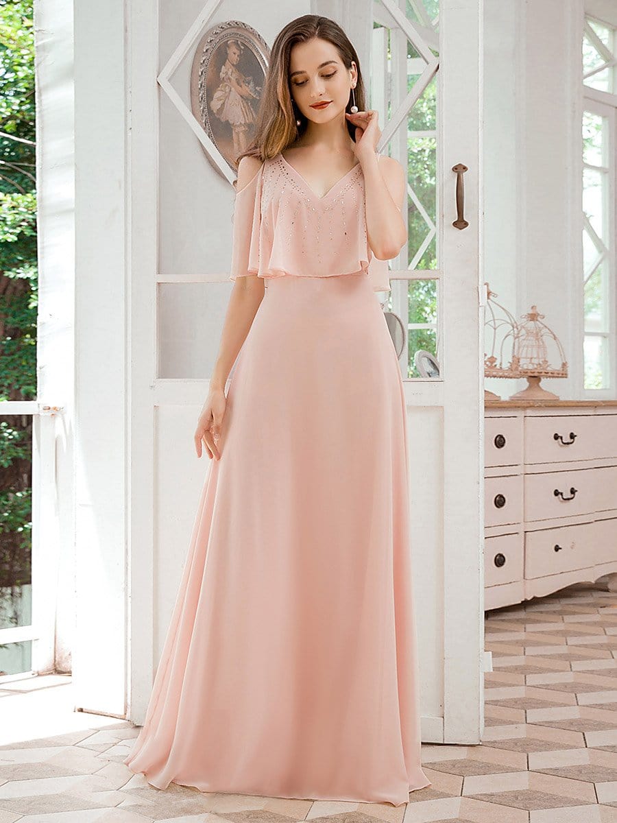 Color=Pink | Dainty Short Ruffles Sleeves V-Neck Chiffon Evening Dresses-Pink 1 Color=Pink | Dainty Short Ruffles Sleeves V-Neck Chiffon Evening Dresses-Pink 1
