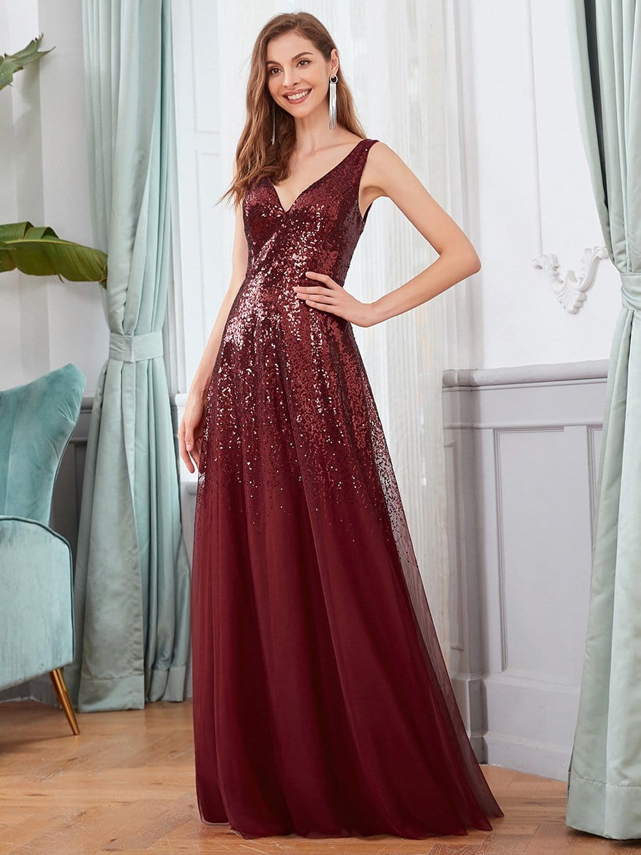 Sexy A line Double V neck Tulle Sequin Evening Dresses