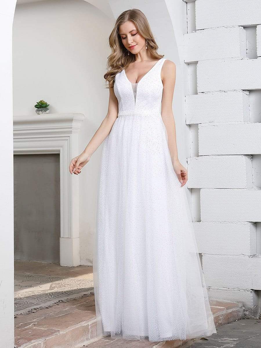 Color=Cream | Elegant A-Line Sleeveless Tulle Wedding Dresses For Women-Cream 4 Color=Cream | Elegant A-Line Sleeveless Tulle Wedding Dresses For Women-Cream 4