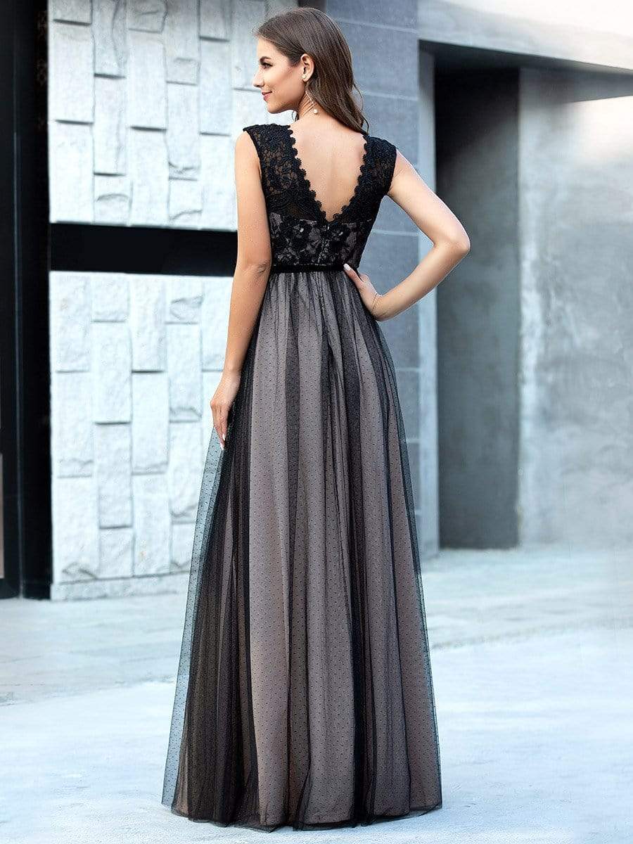 Color=Black | Unique Doublue V Neck Tulle Evening Gowns With Lace-Black 2 Color=Black | Unique Doublue V Neck Tulle Evening Gowns With Lace-Black 2