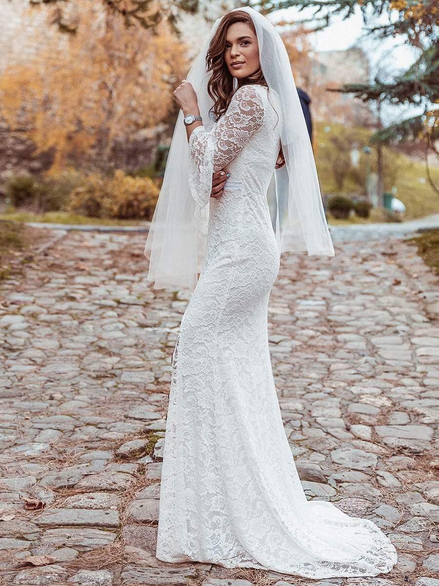 Color=Cream | Sexy Maxi Mermaid Lace Wedding Dress With High Split-Cream 8 Color=Cream | Sexy Maxi Mermaid Lace Wedding Dress With High Split-Cream 8
