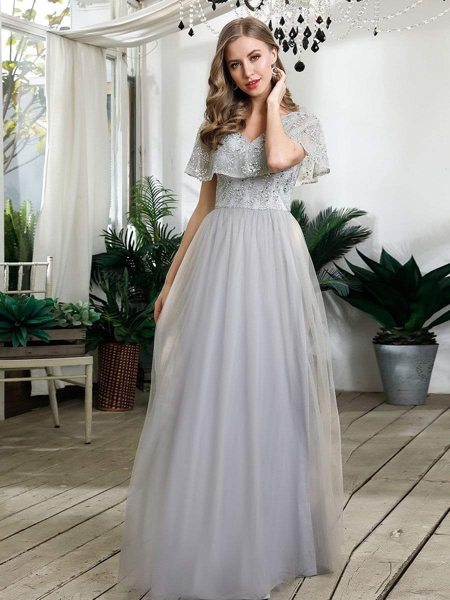 Color=Grey | Women'S V-Neck Ruffles Sequin Dress Floor Length Prom Dresses-Grey 3 Color=Grey | Women'S V-Neck Ruffles Sequin Dress Floor Length Prom Dresses-Grey 3