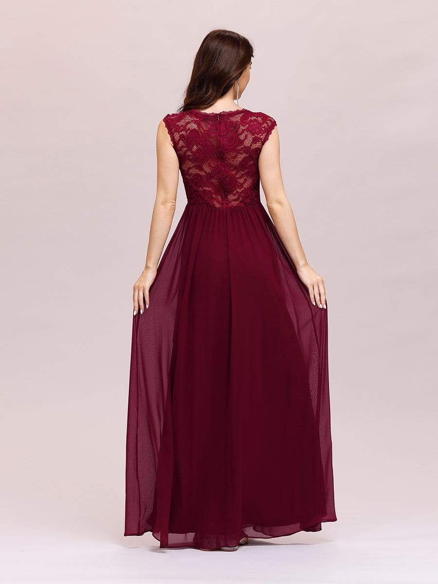 Color=Burgundy | Classic Floral Lace V Neck Cap Sleeve Chiffon Evening Dress-Burgundy 2 Color=Burgundy | Classic Floral Lace V Neck Cap Sleeve Chiffon Evening Dress-Burgundy 2