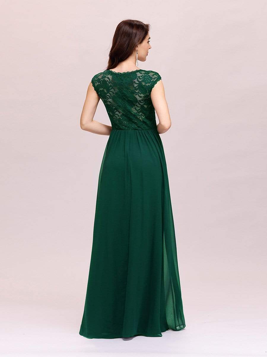 Color=Dark Green | Classic Floral Lace V Neck Cap Sleeve Chiffon Evening Dress-Dark Green 2 Color=Dark Green | Classic Floral Lace V Neck Cap Sleeve Chiffon Evening Dress-Dark Green 2