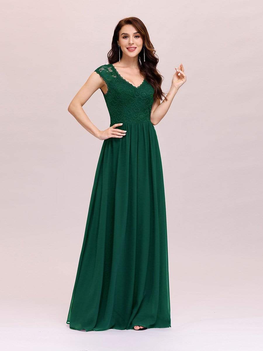 Color=Dark Green | Classic Floral Lace V Neck Cap Sleeve Chiffon Evening Dress-Dark Green 3 Color=Dark Green | Classic Floral Lace V Neck Cap Sleeve Chiffon Evening Dress-Dark Green 3