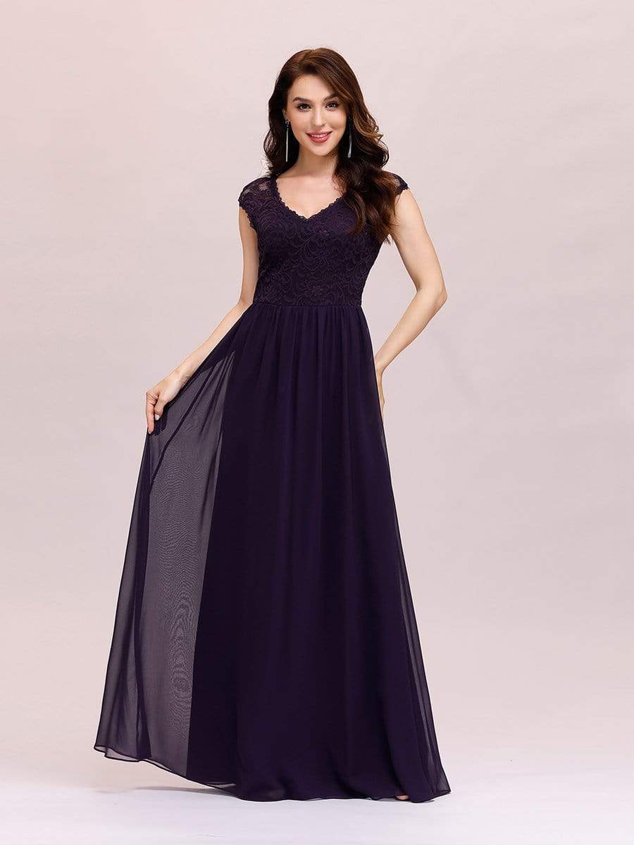 Color=Dark Purple | Classic Floral Lace V Neck Cap Sleeve Chiffon Evening Dress-Dark Purple 4 Color=Dark Purple | Classic Floral Lace V Neck Cap Sleeve Chiffon Evening Dress-Dark Purple 4