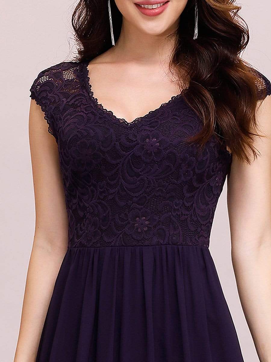 Color=Dark Purple | Classic Floral Lace V Neck Cap Sleeve Chiffon Evening Dress-Dark Purple 5 Color=Dark Purple | Classic Floral Lace V Neck Cap Sleeve Chiffon Evening Dress-Dark Purple 5