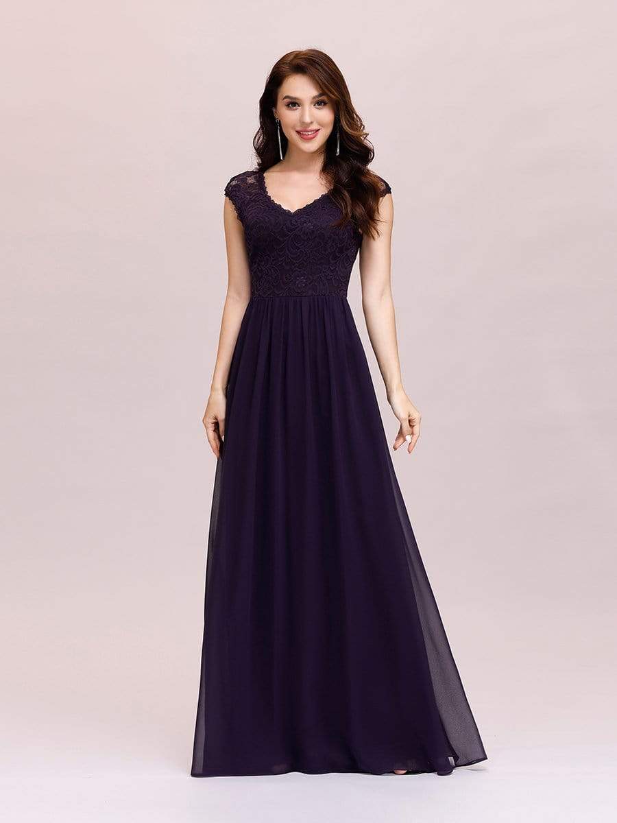 Color=Dark Purple | Classic Floral Lace V Neck Cap Sleeve Chiffon Evening Dress-Dark Purple 1 Color=Dark Purple | Classic Floral Lace V Neck Cap Sleeve Chiffon Evening Dress-Dark Purple 1