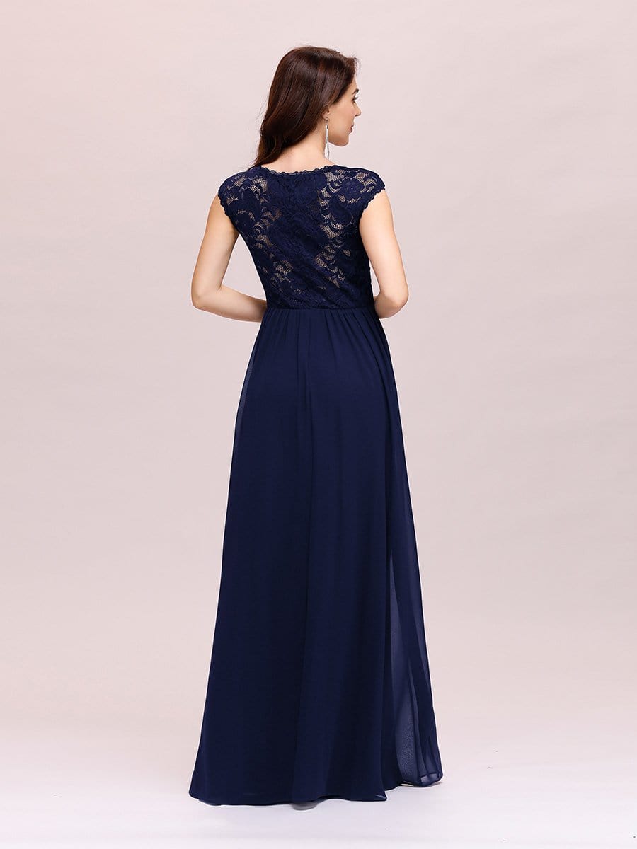 Color=Navy Blue | Classic Floral Lace V Neck Cap Sleeve Chiffon Evening Dress-Navy Blue 2 Color=Navy Blue | Classic Floral Lace V Neck Cap Sleeve Chiffon Evening Dress-Navy Blue 2