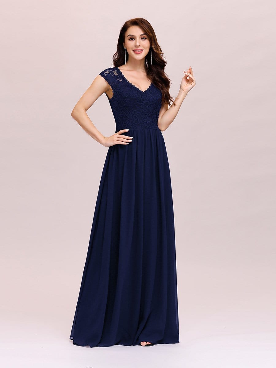 Color=Navy Blue | Classic Floral Lace V Neck Cap Sleeve Chiffon Evening Dress-Navy Blue 3 Color=Navy Blue | Classic Floral Lace V Neck Cap Sleeve Chiffon Evening Dress-Navy Blue 3