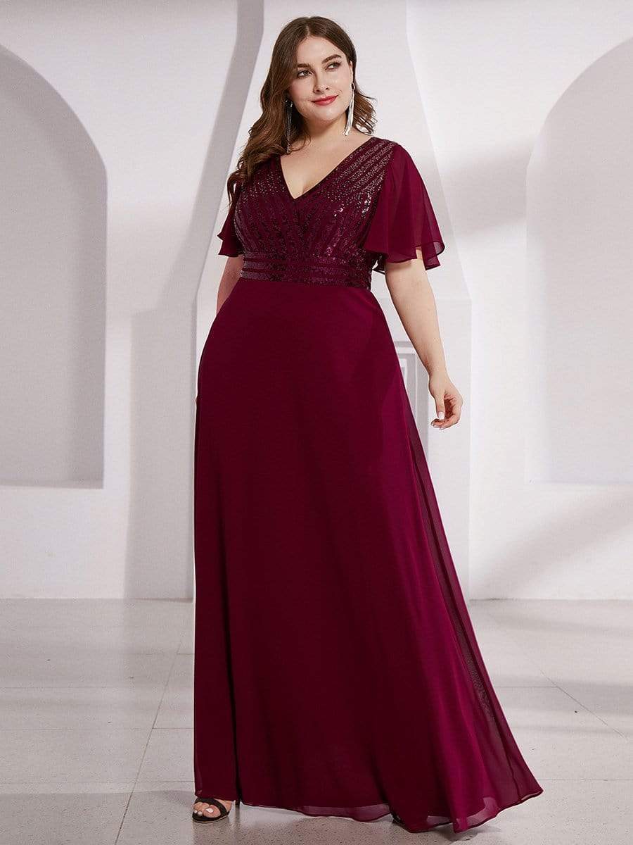 Color=Burgundy | Empire Waist Floor Length Plus Size Chiffon Evening Dress With Sequin-Burgundy 3 Color=Burgundy | Empire Waist Floor Length Plus Size Chiffon Evening Dress With Sequin-Burgundy 3