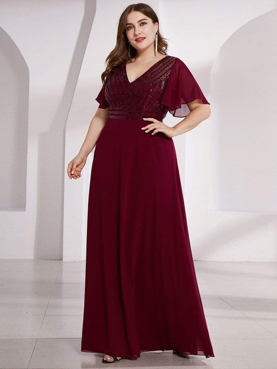 Color=Burgundy | Empire Waist Floor Length Plus Size Chiffon Evening Dress With Sequin-Burgundy 1 Color=Burgundy | Empire Waist Floor Length Plus Size Chiffon Evening Dress With Sequin-Burgundy 1