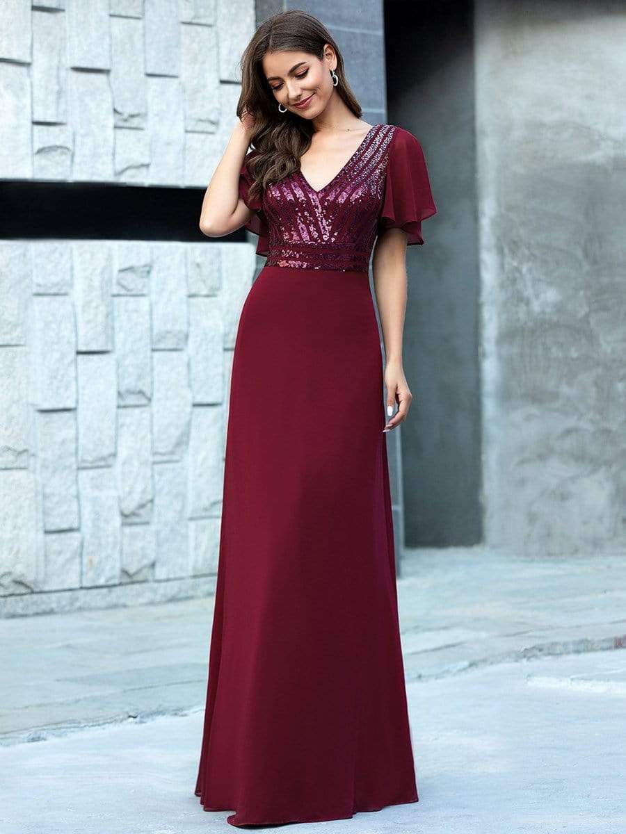 Color=Burgundy | Long Empire Waist Chiffon Evening Dress With Sequin-Burgundy 3 Color=Burgundy | Long Empire Waist Chiffon Evening Dress With Sequin-Burgundy 3