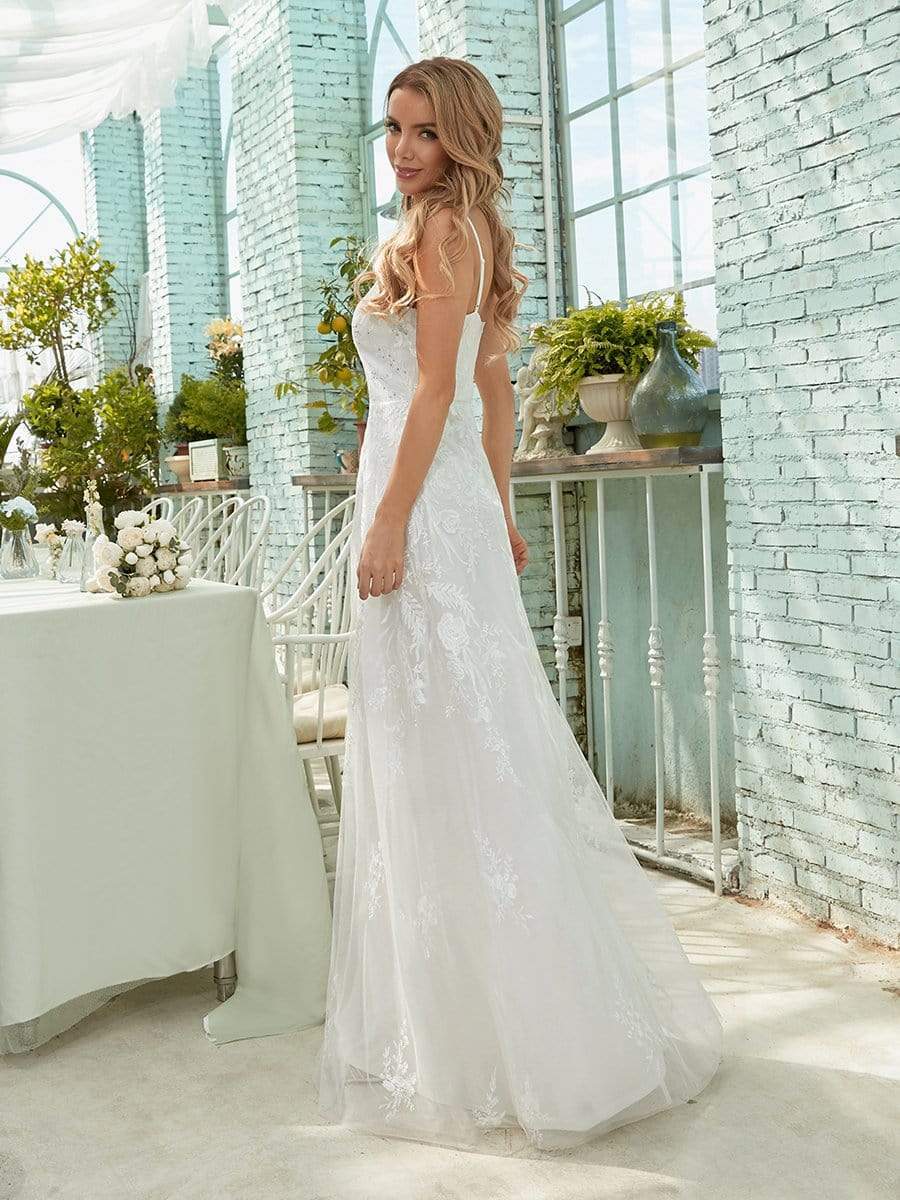 Color=Cream | Simple V Neck Wedding Dress With Floral Embroidery-Cream 4 Color=Cream | Simple V Neck Wedding Dress With Floral Embroidery-Cream 4