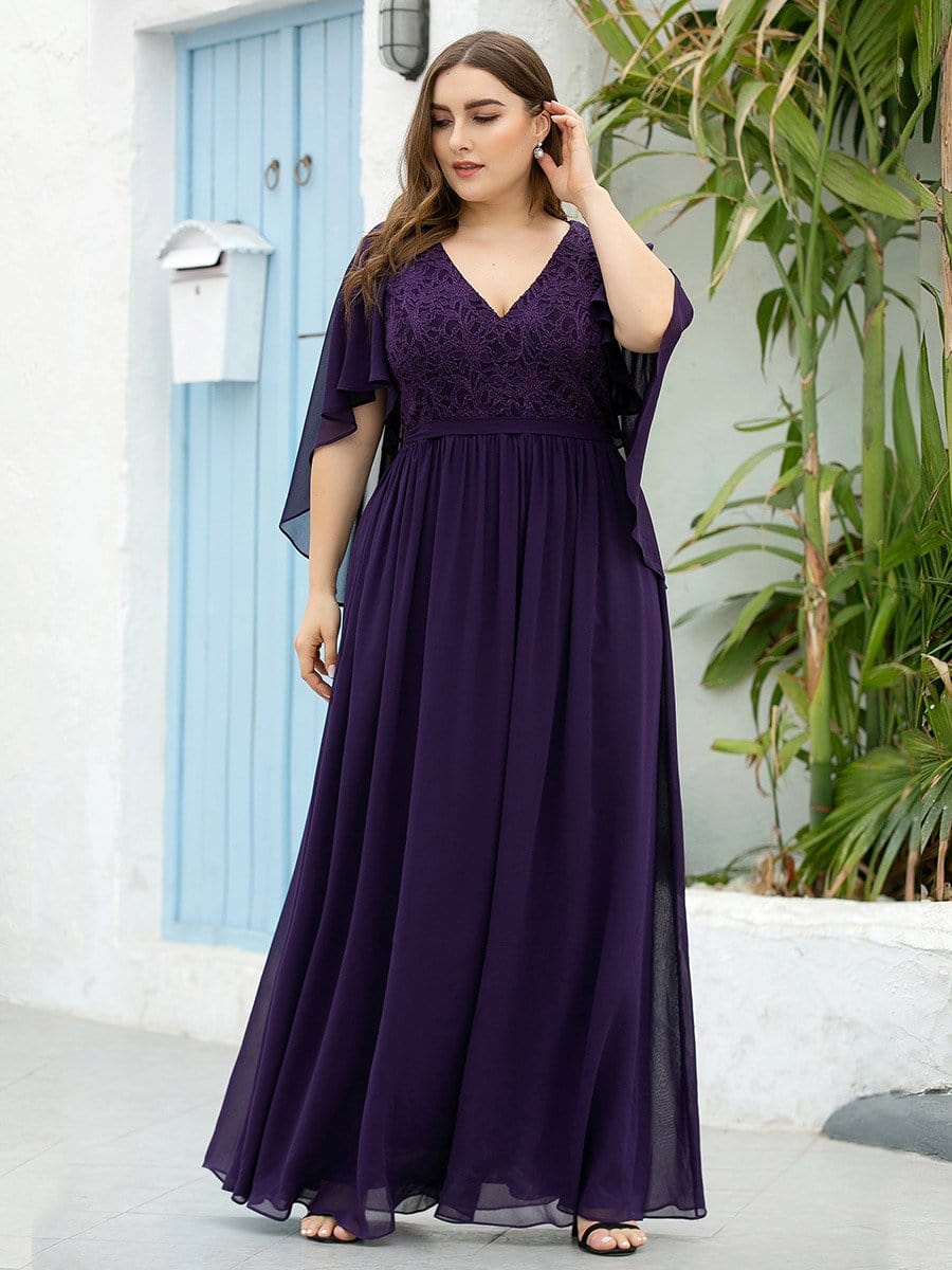 Color=Dark Purple | Women'S Floor Length Deep V Neck Plus Size Evening Dress With Lace-Dark Purple 3 Color=Dark Purple | Women'S Floor Length Deep V Neck Plus Size Evening Dress With Lace-Dark Purple 3