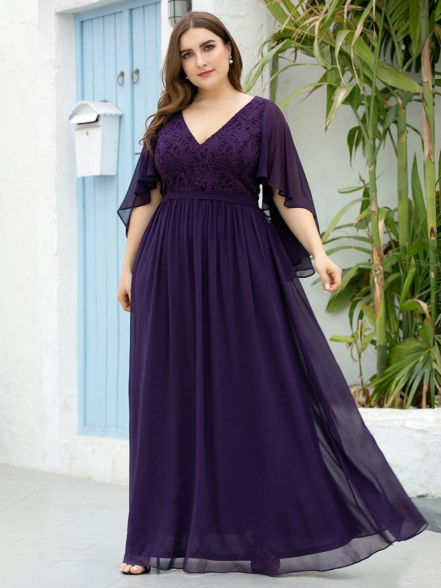 Color=Dark Purple | Women'S Floor Length Deep V Neck Plus Size Evening Dress With Lace-Dark Purple 4