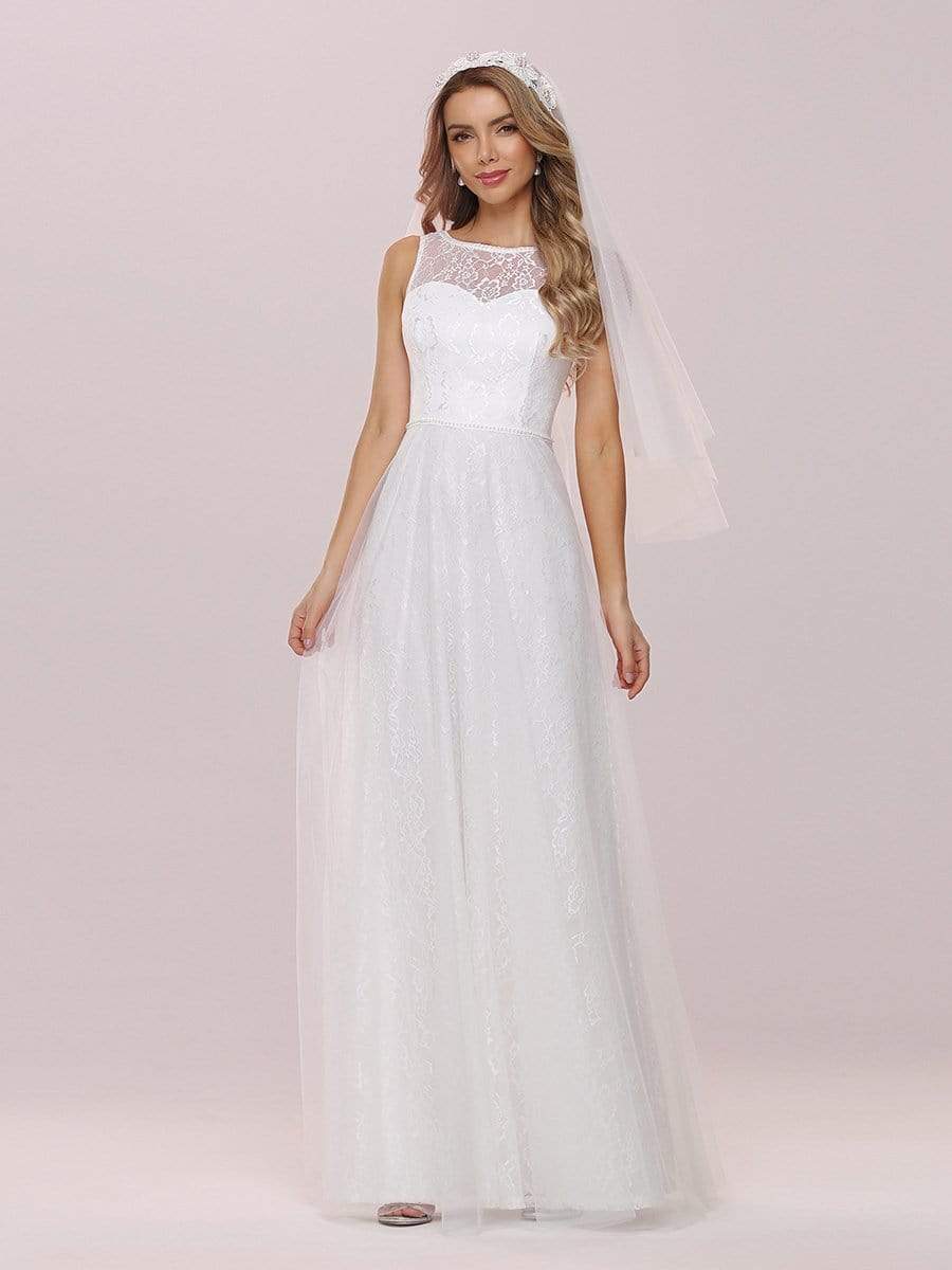 Color=Cream | Plain Round Neck Sleeveless Lace & Tulle Wedding Dress-Cream 9 Color=Cream | Plain Round Neck Sleeveless Lace & Tulle Wedding Dress-Cream 9