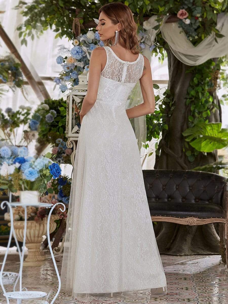Color=Cream | Plain Round Neck Sleeveless Lace & Tulle Wedding Dress-Cream 2 Color=Cream | Plain Round Neck Sleeveless Lace & Tulle Wedding Dress-Cream 2