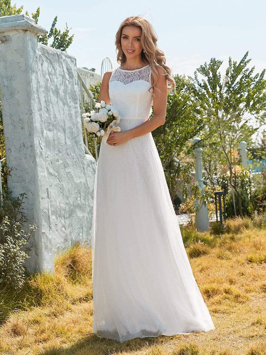 Color=Cream | Plain Round Neck Sleeveless Lace & Tulle Wedding Dress-Cream 6 Color=Cream | Plain Round Neck Sleeveless Lace & Tulle Wedding Dress-Cream 6