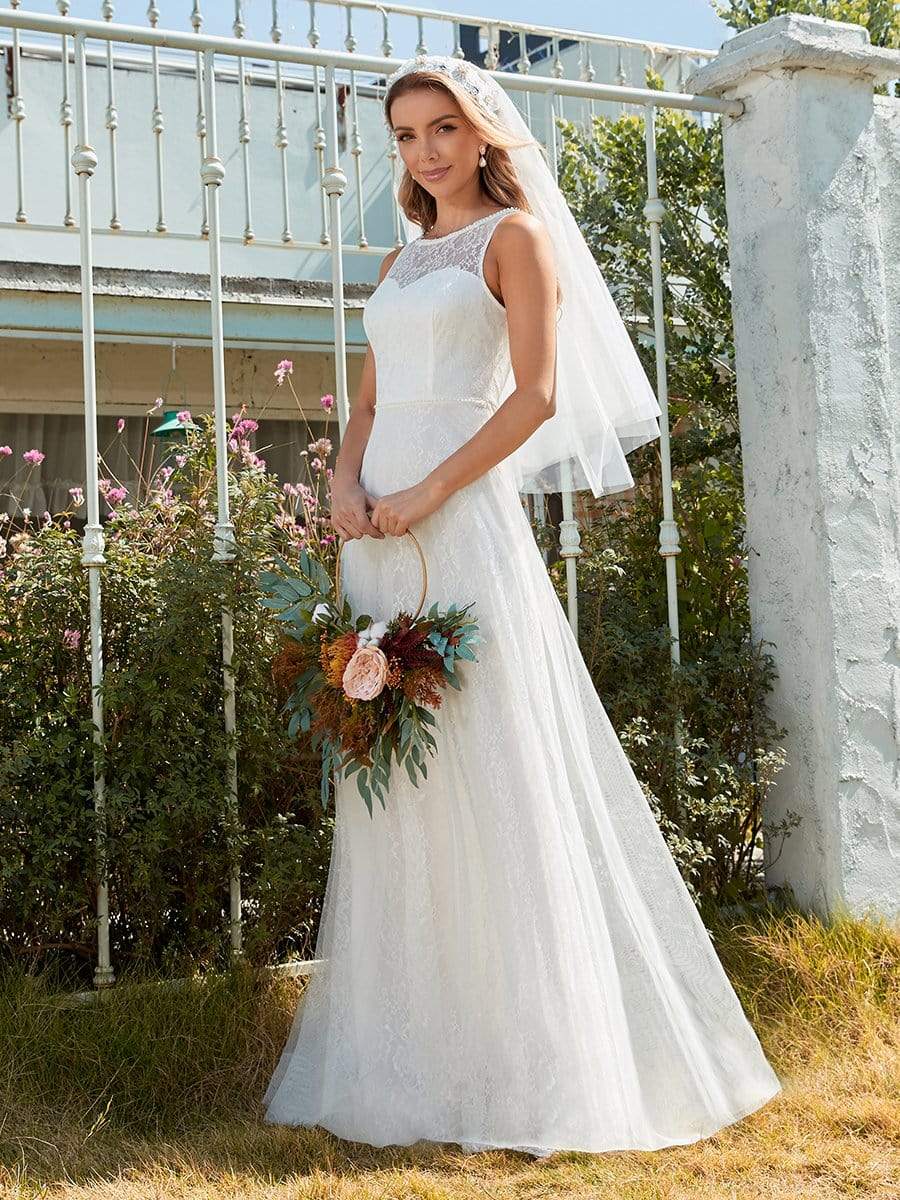 Color=Cream | Plain Round Neck Sleeveless Lace & Tulle Wedding Dress-Cream 3 Color=Cream | Plain Round Neck Sleeveless Lace & Tulle Wedding Dress-Cream 3