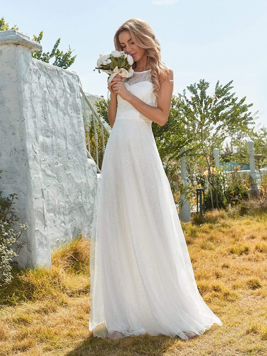 Color=Cream | Plain Round Neck Sleeveless Lace & Tulle Wedding Dress-Cream 8 Color=Cream | Plain Round Neck Sleeveless Lace & Tulle Wedding Dress-Cream 8