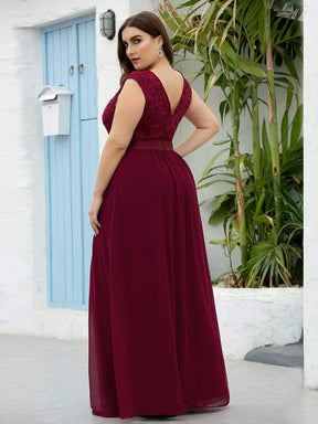 Color=Burgundy | Classic Round Neck V Back A-Line Chiffon Bridesmaid Dresses With Lace-Burgundy2