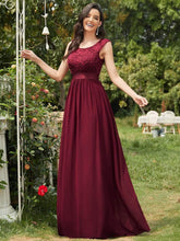 Color=Burgundy | Classic Round Neck V Back A-Line Chiffon Bridesmaid Dresses With Lace-Burgundy1