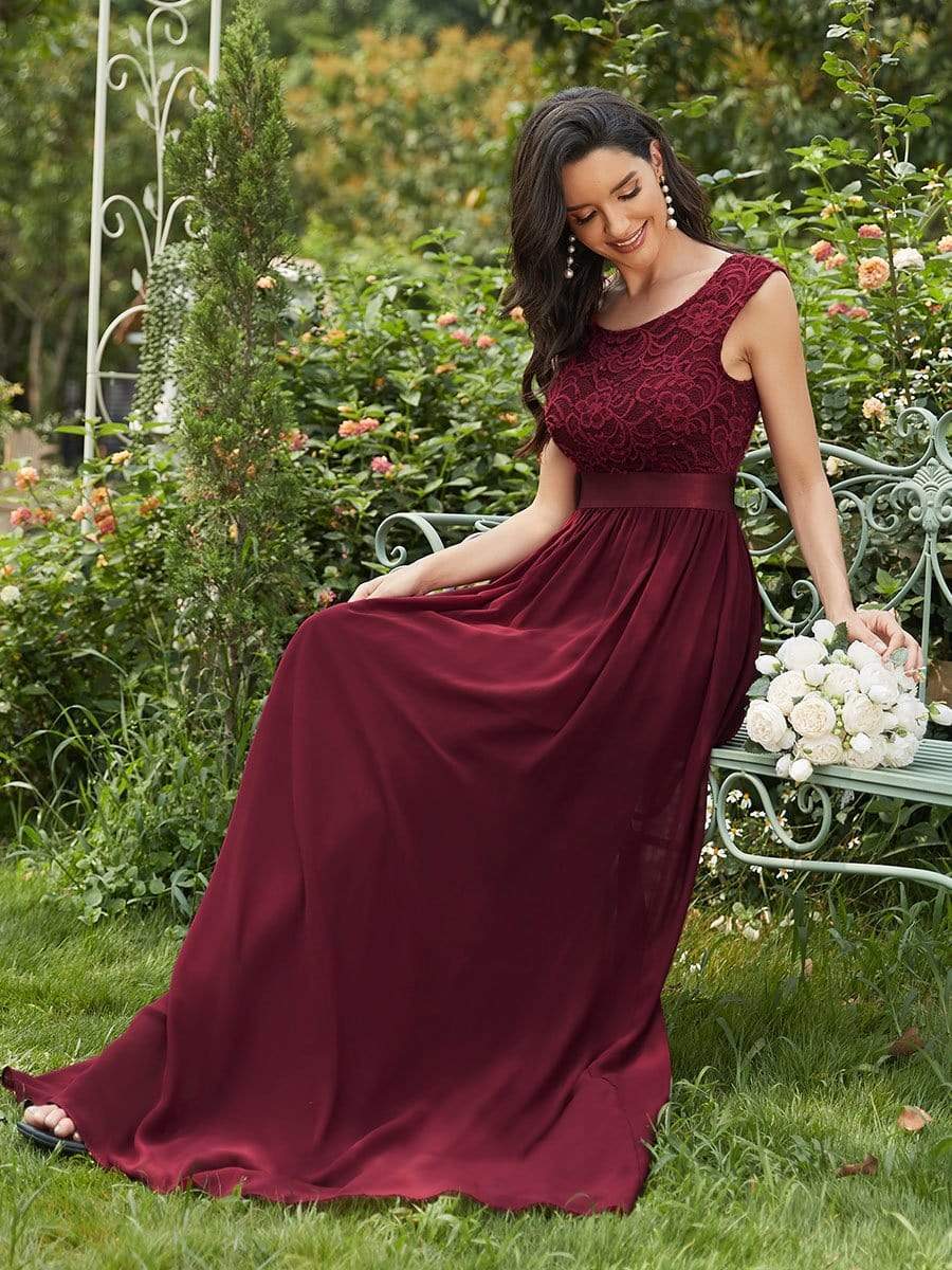 Color=Burgundy | Classic Round Neck V Back A-Line Chiffon Bridesmaid Dresses With Lace-Burgundy4 Color=Burgundy | Classic Round Neck V Back A-Line Chiffon Bridesmaid Dresses With Lace-Burgundy4