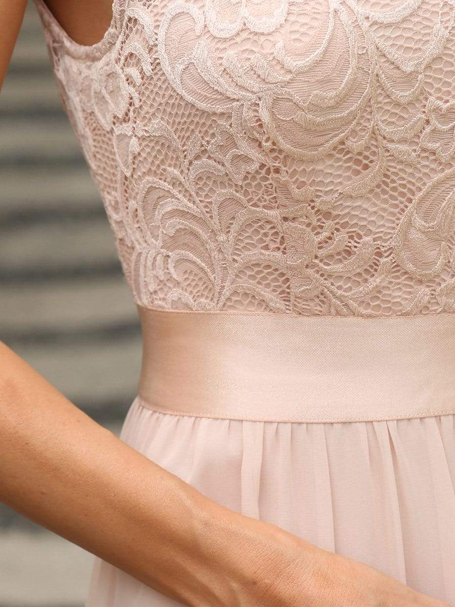 Color=Blush | Classic Round Neck V Back A-Line Chiffon Bridesmaid Dresses With Lace-Blush 3
