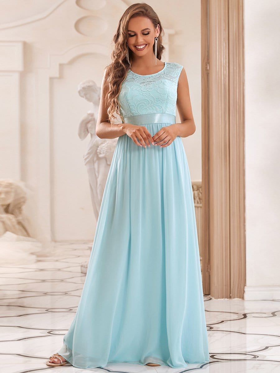 Color=Sky Blue | Classic Round Neck V Back A-Line Chiffon Bridesmaid Dresses With Lace-Sky Blue 1