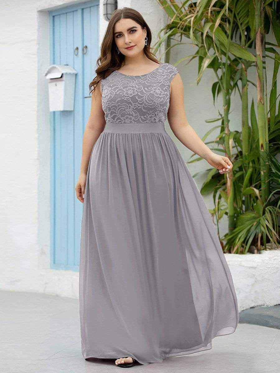 Color=Grey | Classic Round Neck V Back A-Line Chiffon Bridesmaid Dresses With Lace-Grey 4 Color=Grey | Classic Round Neck V Back A-Line Chiffon Bridesmaid Dresses With Lace-Grey 4
