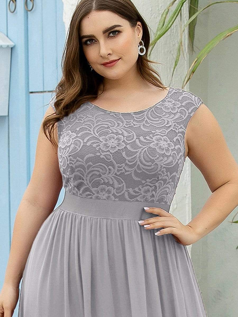 Color=Grey | Classic Round Neck V Back A-Line Chiffon Bridesmaid Dresses With Lace-Grey 3 Color=Grey | Classic Round Neck V Back A-Line Chiffon Bridesmaid Dresses With Lace-Grey 3
