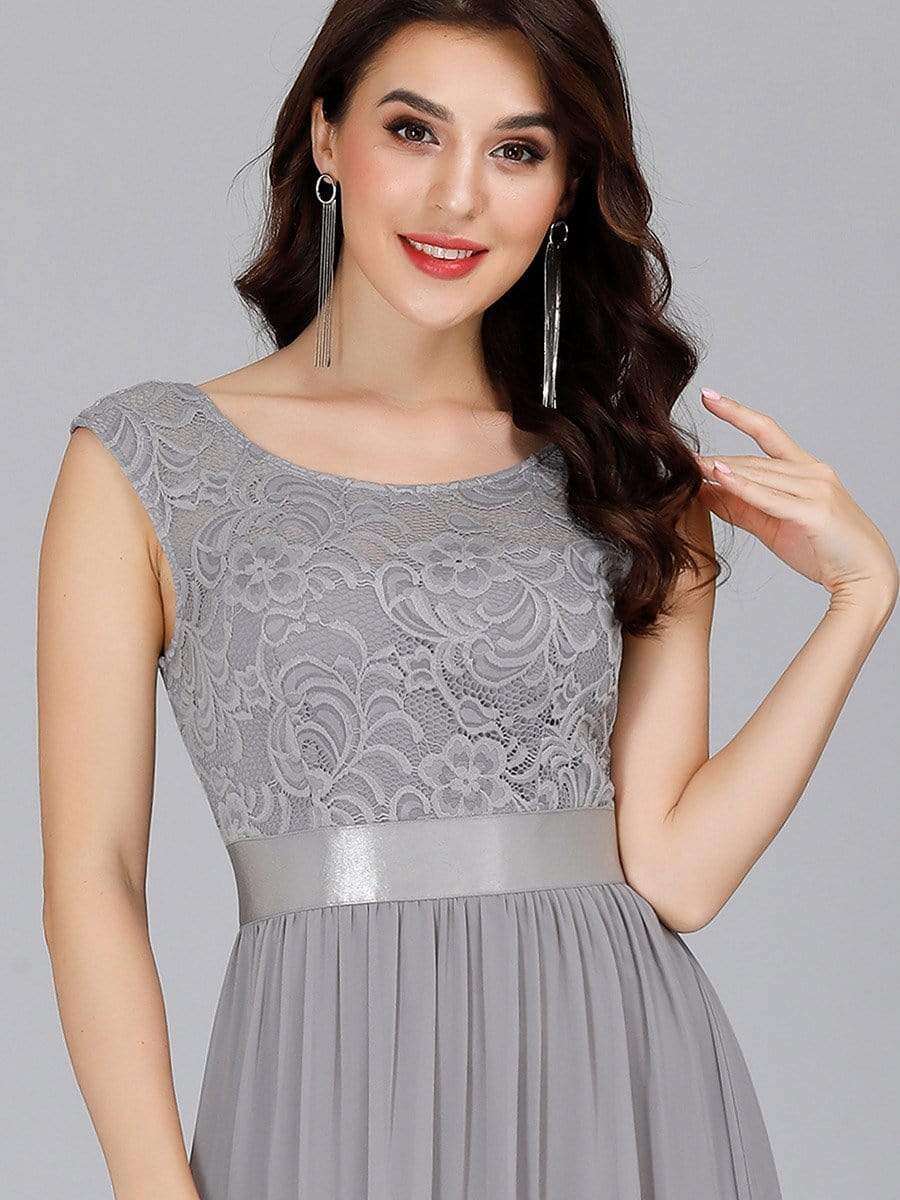 Color=Grey | Classic Round Neck V Back A-Line Chiffon Bridesmaid Dresses With Lace-Grey 3 Color=Grey | Classic Round Neck V Back A-Line Chiffon Bridesmaid Dresses With Lace-Grey 3