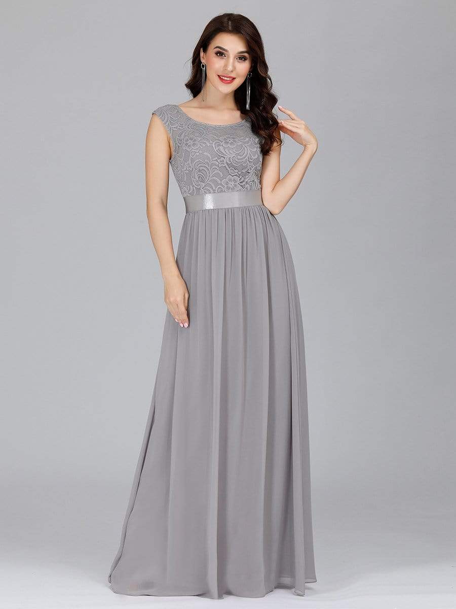 Color=Grey | Classic Round Neck V Back A-Line Chiffon Bridesmaid Dresses With Lace-Grey 5