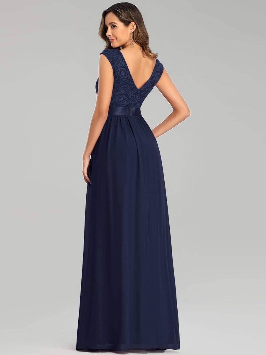 Color=Navy Blue | Classic Round Neck V Back A-Line Chiffon Bridesmaid Dresses With Lace-Navy Blue 5 Color=Navy Blue | Classic Round Neck V Back A-Line Chiffon Bridesmaid Dresses With Lace-Navy Blue 5