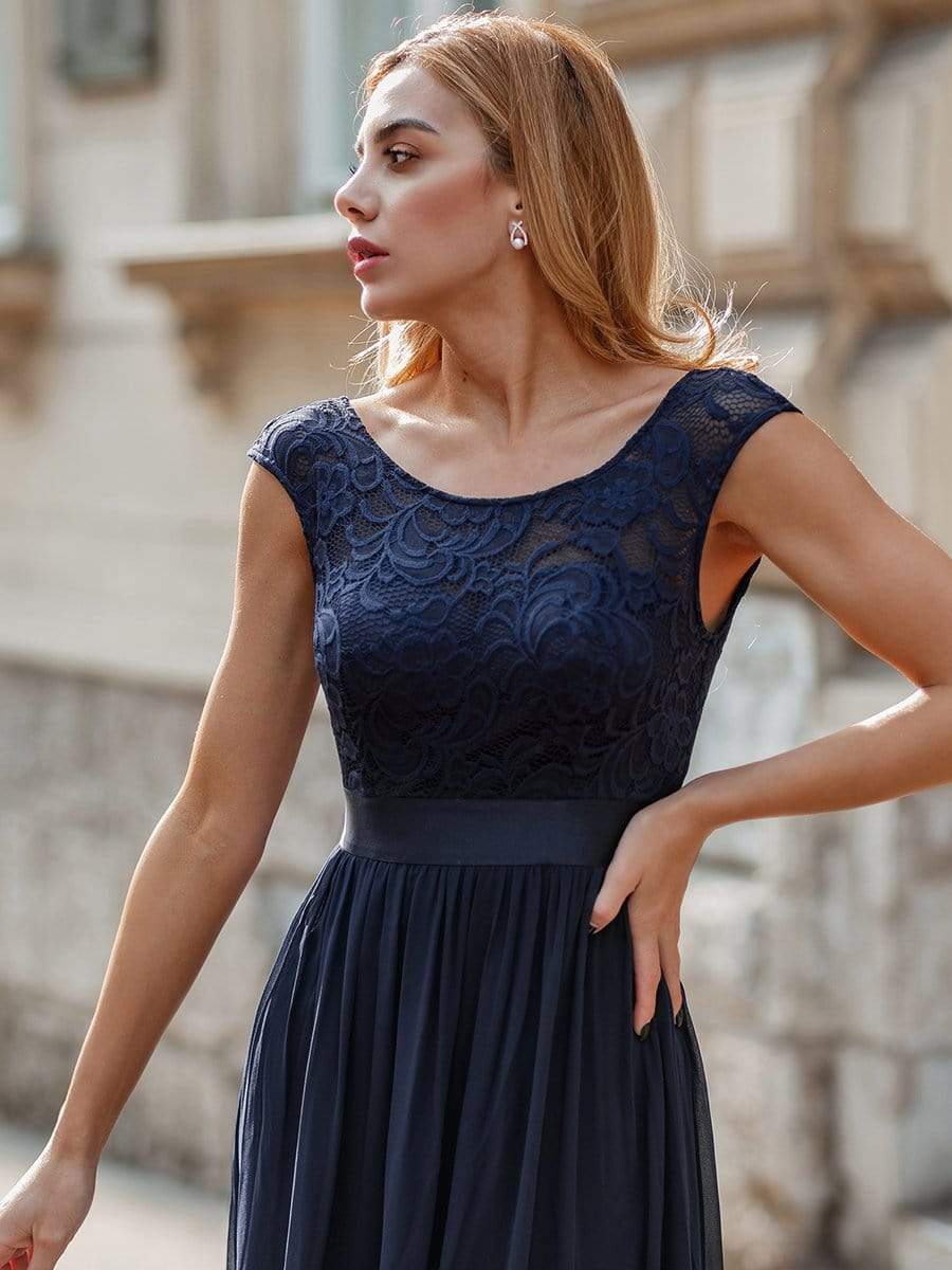 Color=Navy Blue | Classic Round Neck V Back A-Line Chiffon Bridesmaid Dresses With Lace-Navy Blue 3 Color=Navy Blue | Classic Round Neck V Back A-Line Chiffon Bridesmaid Dresses With Lace-Navy Blue 3