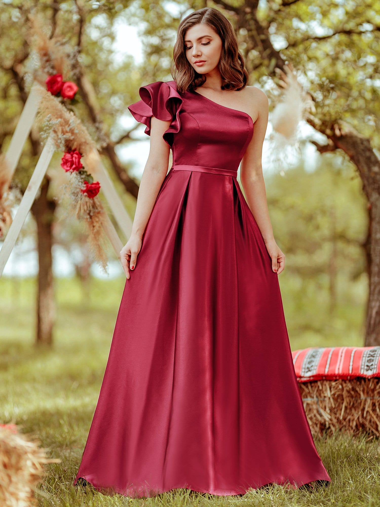 Color=Burgundy | Gorgeous A-Line One-Shoulder Ruffle Sleeves Flattering Prom Dress-Burgundy 6 Color=Burgundy | Gorgeous A-Line One-Shoulder Ruffle Sleeves Flattering Prom Dress-Burgundy 6