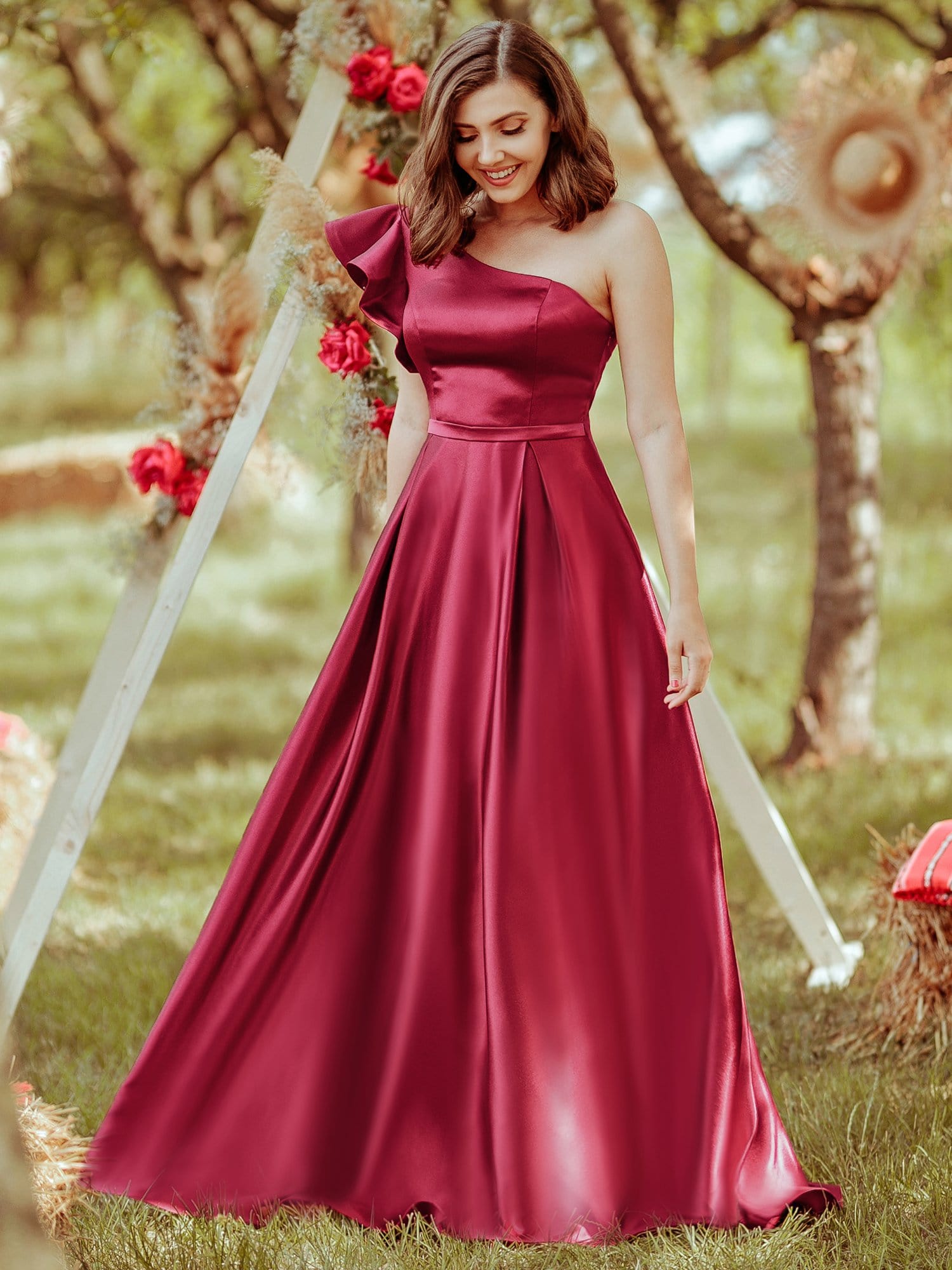 Color=Burgundy | Gorgeous A-Line One-Shoulder Ruffle Sleeves Flattering Prom Dress-Burgundy 7 Color=Burgundy | Gorgeous A-Line One-Shoulder Ruffle Sleeves Flattering Prom Dress-Burgundy 7