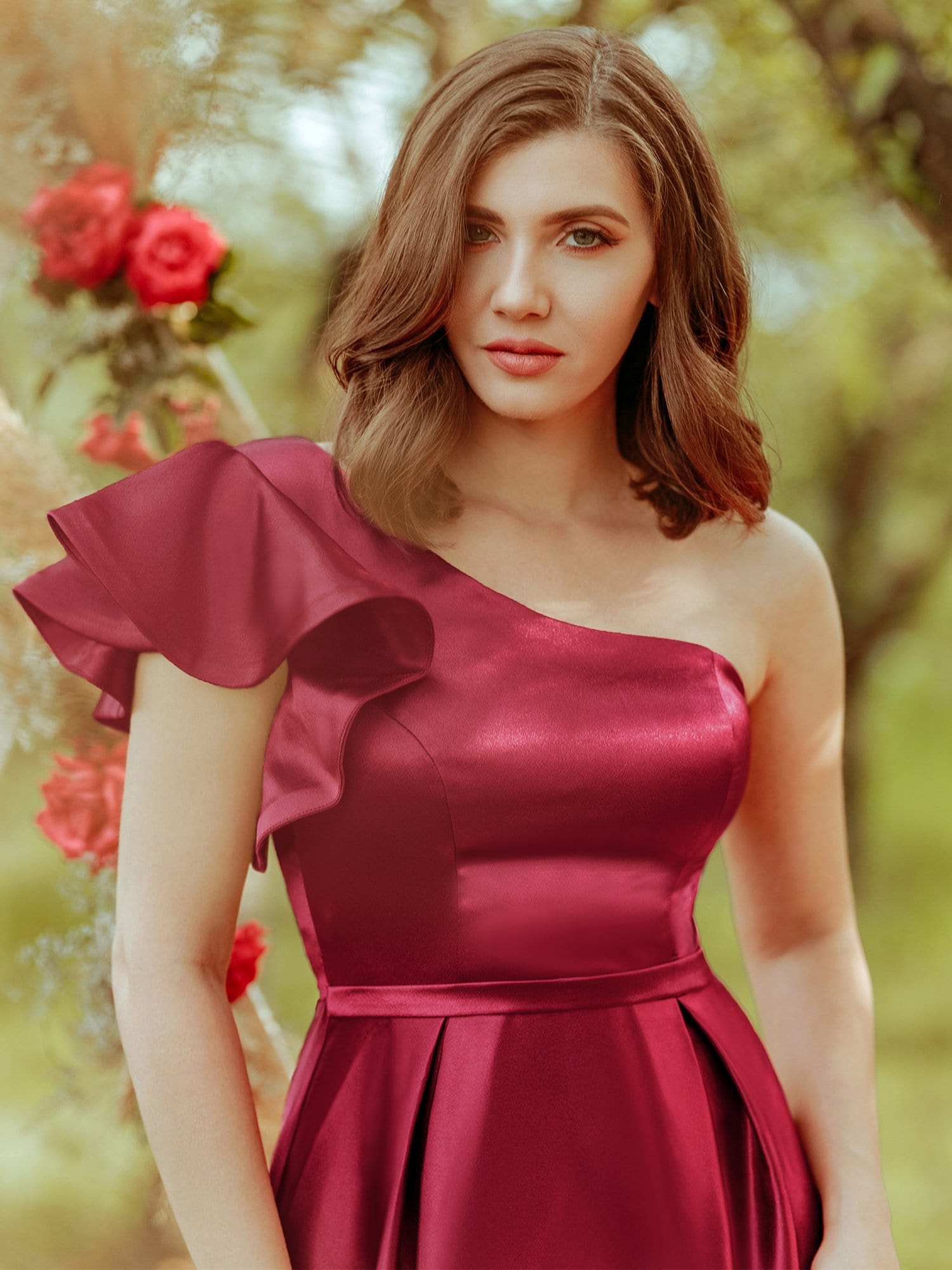 Color=Burgundy | Gorgeous A-Line One-Shoulder Ruffle Sleeves Flattering Prom Dress-Burgundy 9 Color=Burgundy | Gorgeous A-Line One-Shoulder Ruffle Sleeves Flattering Prom Dress-Burgundy 9