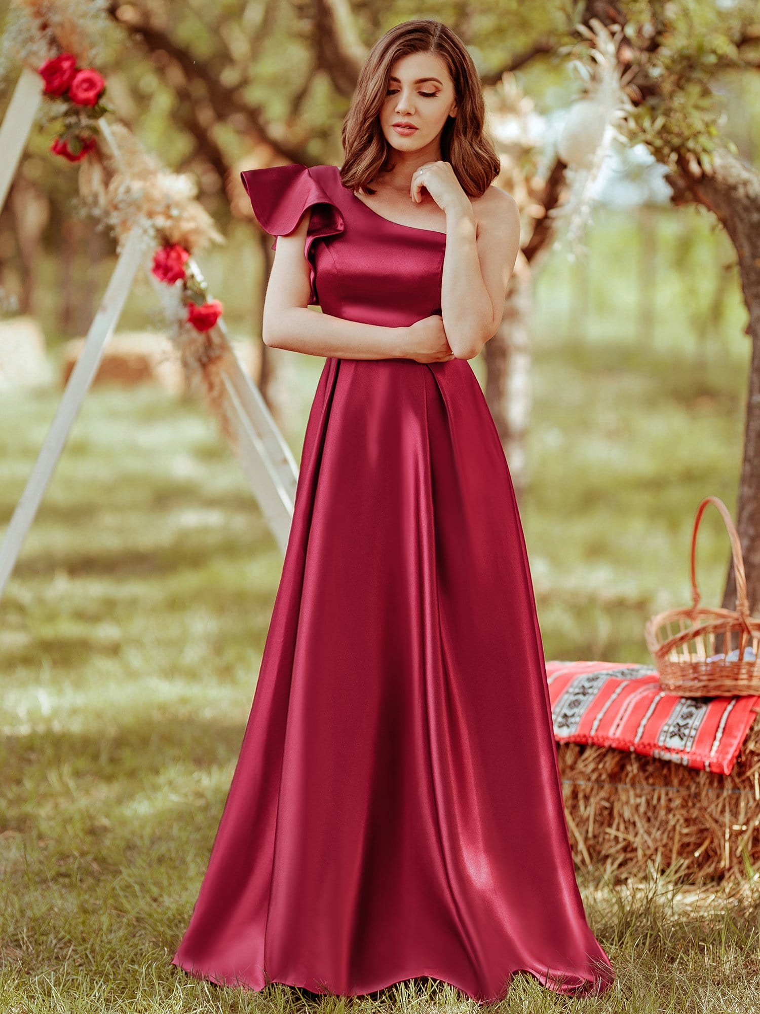 Color=Burgundy | Gorgeous A-Line One-Shoulder Ruffle Sleeves Flattering Prom Dress-Burgundy 1 Color=Burgundy | Gorgeous A-Line One-Shoulder Ruffle Sleeves Flattering Prom Dress-Burgundy 1